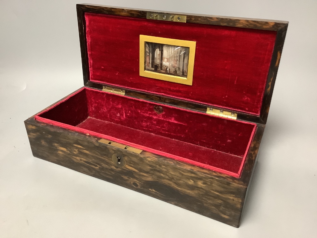 Briggs, Piccadilly, an inlaid coromandel glove box, velvet-lined and inset with a miniature watercolour on ivory of a cathedral to the lid interior, H 8cm, W 30cm D 15cm